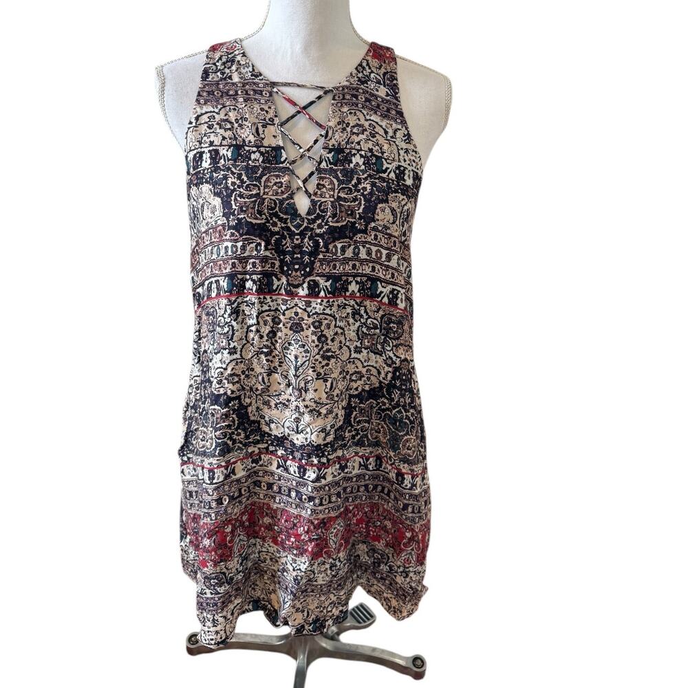 Lavender Brown Mini Dress Brown Blue Boho Print S